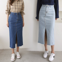 NewCare 여성 데일리 청치마 롱스커트 데님 h라인 슬림핏 앞절개