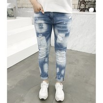 용된다 남자 슬림핏 데미지 워싱 데님 청바지