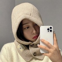 니트 바라클라바 넥워머 후드 머플러 단추 여성 남성, 블랙