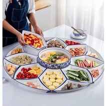 월남쌈 나눔 접시 도자기사각접시 멜라민그릇 고기 손님상 중식당멜라민그릇, A 로터스 70cm 블루화이트8 SET