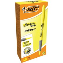 빅(BIC) 브라이트 라이너 그립 하이라이터 형광펜 치즐 팁 옐로우 12개들이