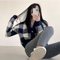 [예쁨시전] V넥 긴팔 체크 니트 가디건