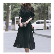 우아한 긴 소매 셔츠 드레스 여성 벨트 레이스 업 a-라인 플리츠 맥시 한국 패션 2022 년 가을 의류 스트리트웨어