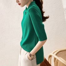 스타일아유 여성 여름 비스코스 고급스러운 무지 카라 브이넥 슬림 반팔 니트 티셔츠 [AZG4KN0584]