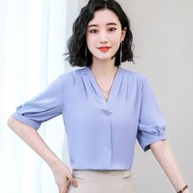 핑크블라우스반팔 여성 여름 실크블라우스 엄마 브이넥 새틴 셔츠 우아한 상의 3892239804