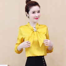 봄 반짝이 리본 스트랩 여 긴팔 모조실크 블라우스 루즈핏 날씬해보이는 풀오버 셔츠