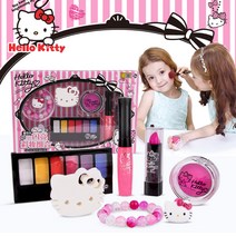 헬로 키티 어린이 화장품 패션쇼 콤비네이션 세트 무독성 립글로스 아이 섀도우 여자 아이 놀이 집 장난, 샤인 메이크업 조합 정품 인증