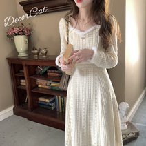 레이스 원피스 프렌치 긴팔 원피스 데이트 스커트 스퀘어넥 레깅스 스커트 퍼 원피스