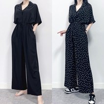 매일리룩 여성 빅사이즈 브이넥 카라 찰랑 와이드 점프슈트 팬츠