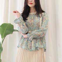 모조로브 / 플라워 자수 하객룩 펀칭 레이스 쉬폰 프릴블라우스