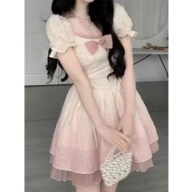 여름 티타임 프렌치 스퀘어넥 퍼프 소매 그라데이션 핑크 원피스 여 달달하고 매콤한 디자인감의 볼륨 스커트