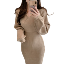 홀리바이 브이넥 슬림 니트 벌룬소매 롱 원피스