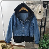 상상그이상 여성용 이중지 배색 후드 청자켓 레이어드 오버핏 데님자켓 간절기 유니크한 소프트 캐쥬얼 점퍼