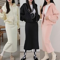 렛잇샤인 루즈핏 빅사이즈 신키 골지 기모 후드집업+밴딩 롱스커트 상하의세트