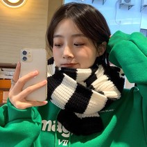 니트 머플러 여 추동 일계 화이트 기모 스트라이프 니트 커플 넥워머플러