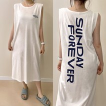 데일리앤 써니 여름 루즈핏 레터링 코튼 민소매 롱 원피스
