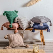 뷰룸 북유럽 태슬장식 비비드 모던니트 쿠션커버 솜포함 세트 인테리어 포인트 거실쇼파 침실 등받이베개, 03.인디핑크 set(솜포함)