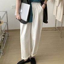 네모엔룩 여성용 더블주름 허리밴딩 코튼 와이드 팬츠