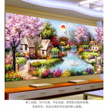 실십자수 도안세트 풍경 집 시골 마을 자연 명화 명작 큰사이즈, 3 가닥 자수 195x103 실크실