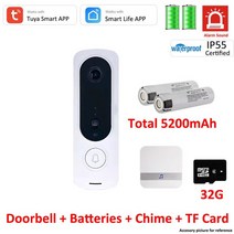 스마트초인종 Tuya 스마트 WiFi 지원 비디오 초인종 IP55 야외 무선 오디오 135 ° 시야각 배터리 도어 벨 카메라 부저 사이렌 소리, Option 2 - AU 플러그