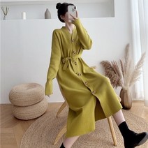 ForU 가을겨울 지금헤어지는중 송혜교 원피스 스타일 여성 긴 드레스 코트 2021 원피스 가을 겨울 기질 슬림 찾고 오버 무릎 느슨한 니트 스웨터베이스 스커트 빠른배송