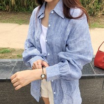 커밍투유 루즈핏 스트라이프 린넨 셔츠 블라우스