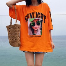 상상그이상 여성용 국내제작 썬라이트 반팔 티셔츠 빅사이즈 전사나염 포인트 힙 가려주는 오버핏 티셔츠 하의실종 활용도높은 사계절 데일리템 꾸안꾸룩