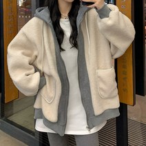 뽀글이 여성 후드 집업 점퍼 배색 가디건 간절기 캐주얼룩