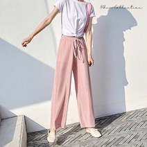 Mdiv 여성 여름 밴딩 세틴 플리츠 와이드팬츠 냉장고바지