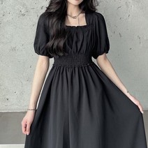 미미앤느 여성 스퀘어넥 블랙 프렌치 밴딩 퍼프 심플 캐주얼 러블리 미디원피스 a3147