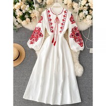 링 14K반지 보헤미안 자수 꽃 랜턴 슬리브 하이 웨이스트 주름 드레스 여성용 올 매치 PL393 192739