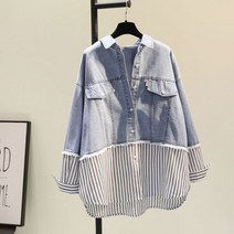 청남방 캐주얼 블라우스 여성 롱 슬리브 루즈 맞는 봄 여름 패션 투피스 패치워크 데님 스트라이프 셔츠