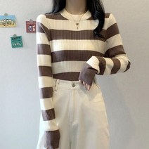 여성 딱붙는 니트 봄과 가을 슬림핏 스키니 긴소매 탑 스트라이프 티셔츠 레깅스 가을겨울 이너에 스웨터를 매치하세요 긴팔