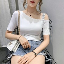 바이스타 시크온미 오프숄더 어깨트임 진주 스트랩 쫄티 타이트 슬림 핏 흰티 반팔 티셔츠