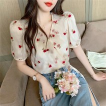 장미자수 반팔 플라워 블라우스 브이넥 벌룬 매쉬