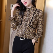 여성블라우스남방 페블럼라인 스탠딩카라 쉬폰 긴 소매 봄계절 반팔셔츠 슬림핏 간지나는 호피 상의 4779993371