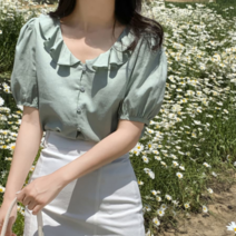 디작소 여성 봄 여름 텐드 린넨 프릴 반팔 블라우스