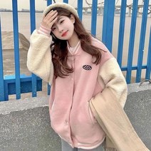 여성야구점퍼 야잠 숏 봄 Deeptown 야구 재킷 자켓 여성 스트릿웨어 기술 양털 대형 버튼 코트 핑크 옷
