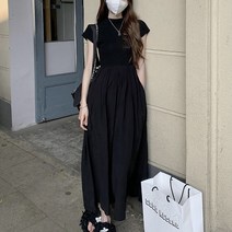 비마이팩 플리츠 주름 슬림 블랙 롱 반팔 원피스