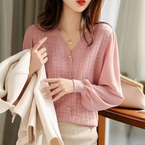 패스타임 여성 봄 여름 긴팔 V넥 니트 가디건 쉬폰 소매 블라우스 데이트룩 하객룩
