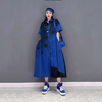 XITAO 언밸런스 체크 셔츠 원피스 루즈핏 개성 캐주얼 여성 터틀넥 반팔 원피스 WMD5451