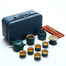 휴대용 다도세트 다기 집들이 캠핑 세트 도자기찻잔 보이차 차 선물 추석 여행용 녹차, 그린정란주전자세트 블루백