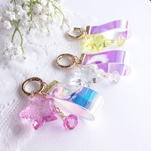 문크리스탈 블링블링 홀로그램 스트랩 얼음 별 버즈 에어팟 키링 자동차 열쇠고리, 옐로우 U형고리, 블링블링 홀로그램 스트랩 얼음 별 키링