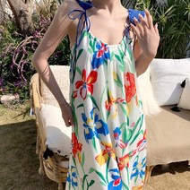 괌 하와이 원피스여름 드레스 프랑스 해변 리조트 기질 서스펜더 여성 프린트 맥시 루즈하고 달콤한 미디