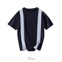 캐치드 오리지널 디자인 여름 드레스 개성 국가 패션 레저 느슨한 진한 파란색 접합 수직 줄무늬 짧은 소매 티셔츠