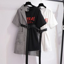 리누보 여성 미니 원피스 루즈핏 페이크 투피스 라운드넥