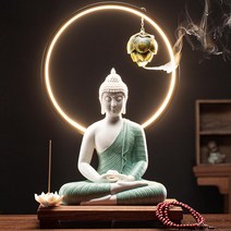 향 받침대 인센스 피우기 인센스콘 백단향 향꽂이 스틱홀더, 불상(그린)+램프+나무받침대 세트