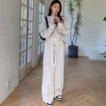 SJW 봄가을 여성 트레이닝 상하의세트 운동복 츄리닝 맨투맨 티셔츠 스트링밴딩 와이드팬츠 빅사이즈