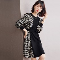 5월결혼식하객룩 상견례옷차림 가을 날씬해보이는 우아한 체크 배색 프릴 블랙 리본 긴팔 데이트