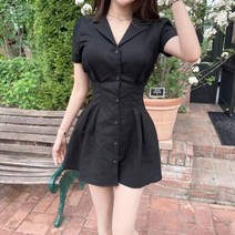 [발리걸] 청순 카라 린넨 반팔 셔츠 핀턱 플레어 미니 원피스